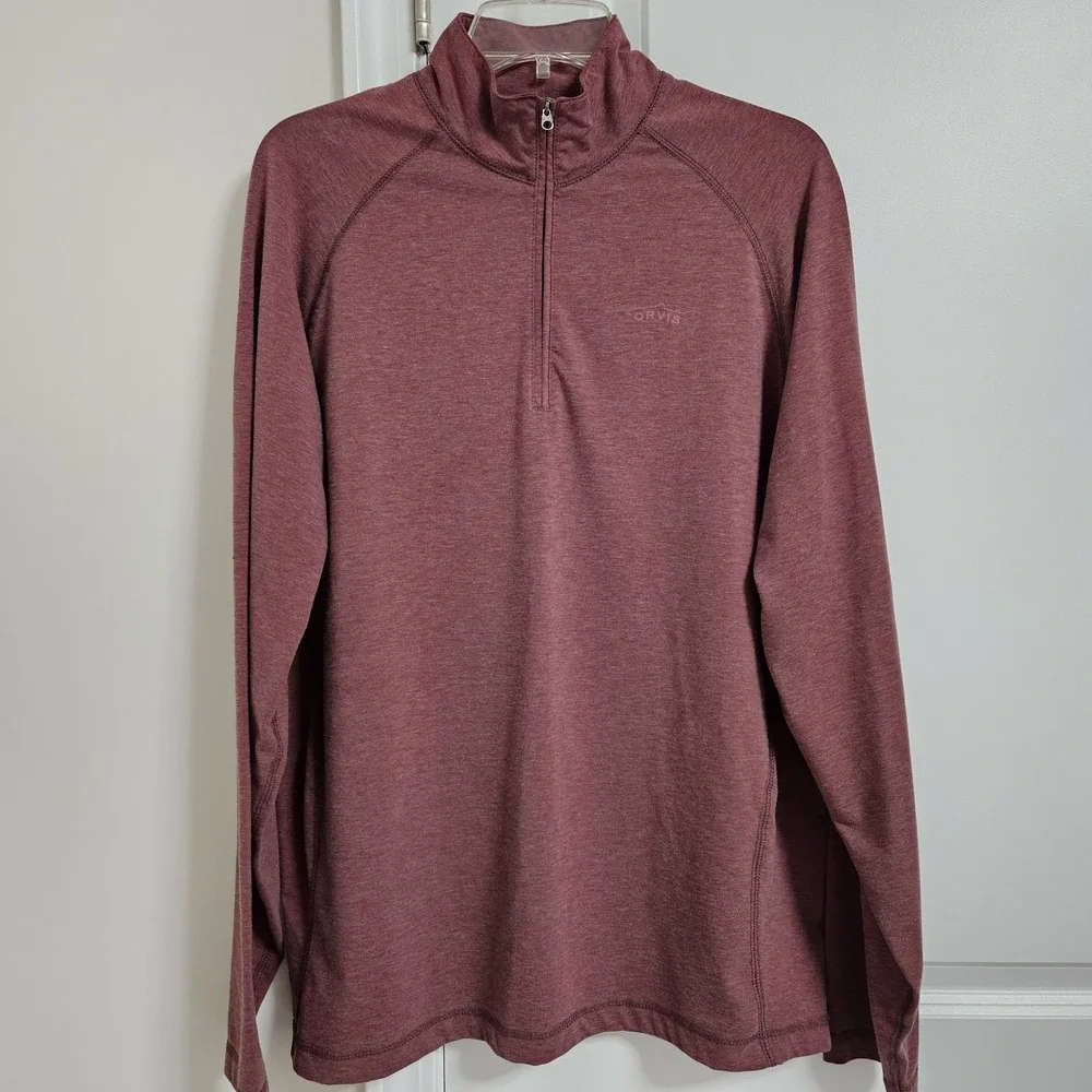 Orvis Pullover Mens M Burgundy Trout Bum Quarter Zip Mock Neck Heathered Stretch